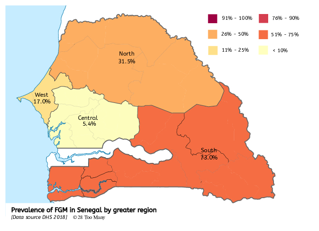 Prevalence Map: FGM in Senegal (2018, English)